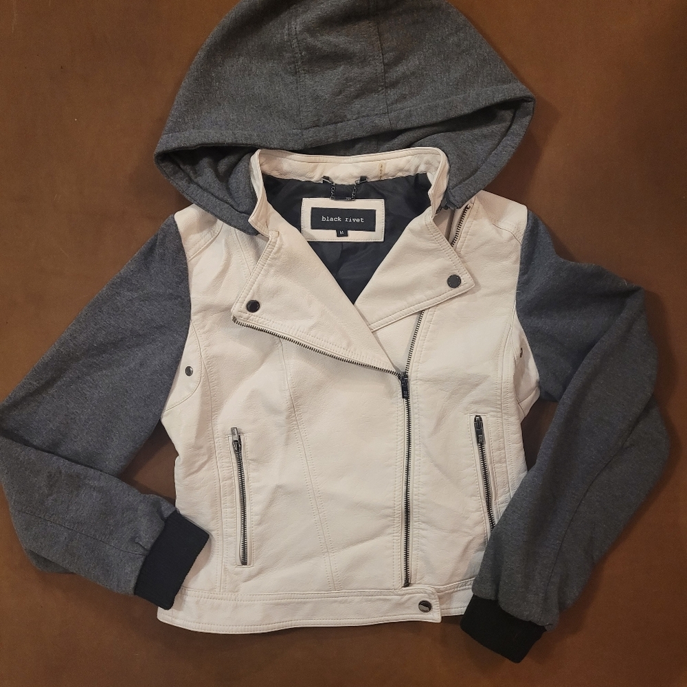 Nlack Rivet Womens Faux Leather Hoodie Jacket White Size M
